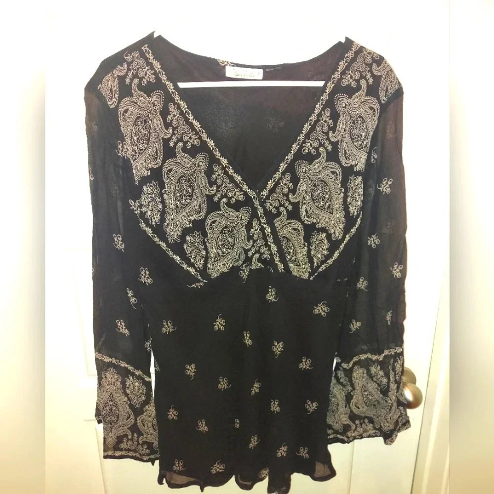 Womens Vintage Paisley Print Sheer Sleeve Tunic